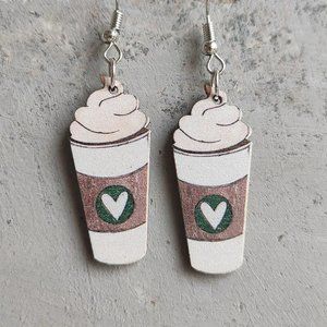 Ivory & Brown Coffee Lover Starbucks Latte Drink Wooden Dangle Earrings NEW